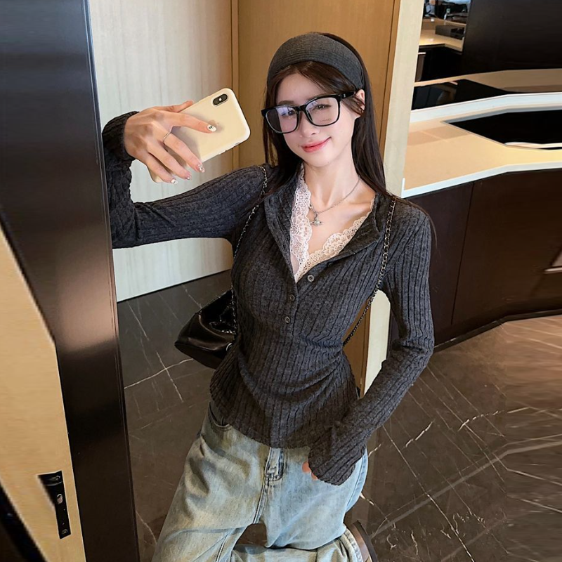 假兩件蕾絲拼接針織上衣 坑條羅紋 秋冬收腰修身長袖打底款