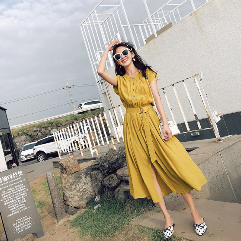 韓系優雅 OL穿搭 素面 短袖 高腰 Ａ字裙 壓褶 休閒長洋裝