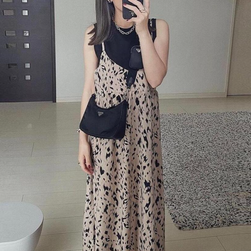 簡約日系豹紋吊帶連身裙-寬鬆顯瘦 夏日必備時尚單品