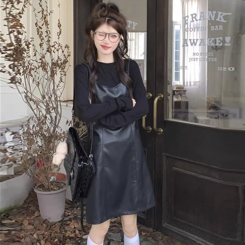 【整套】韓版秋季氣質皮質細肩短洋+高級感顯瘦薄上衣套裝*2色