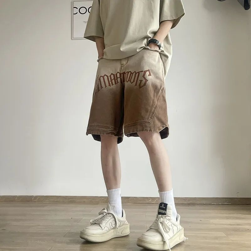 牛仔印花美式復古水洗做舊五分短褲