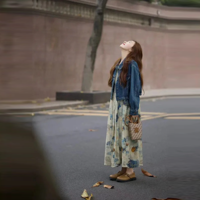 【單品可選】韓系溫柔穿搭 丹寧牛仔外套+復古印花背心洋裝兩件套組