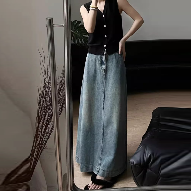 韓系 ‧ 復古開衩A字牛仔裙復古藍牛仔 顯瘦包臀高腰開叉長裙