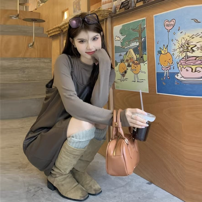 【整套】韓版秋季氣質皮質細肩短洋+高級感顯瘦薄上衣套裝*2色