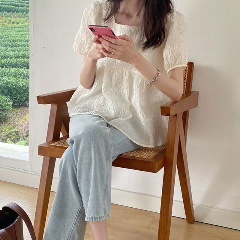 簡約 ‧ 純色方領泡泡袖上衣 宽松短袖襯衫法式肌理感