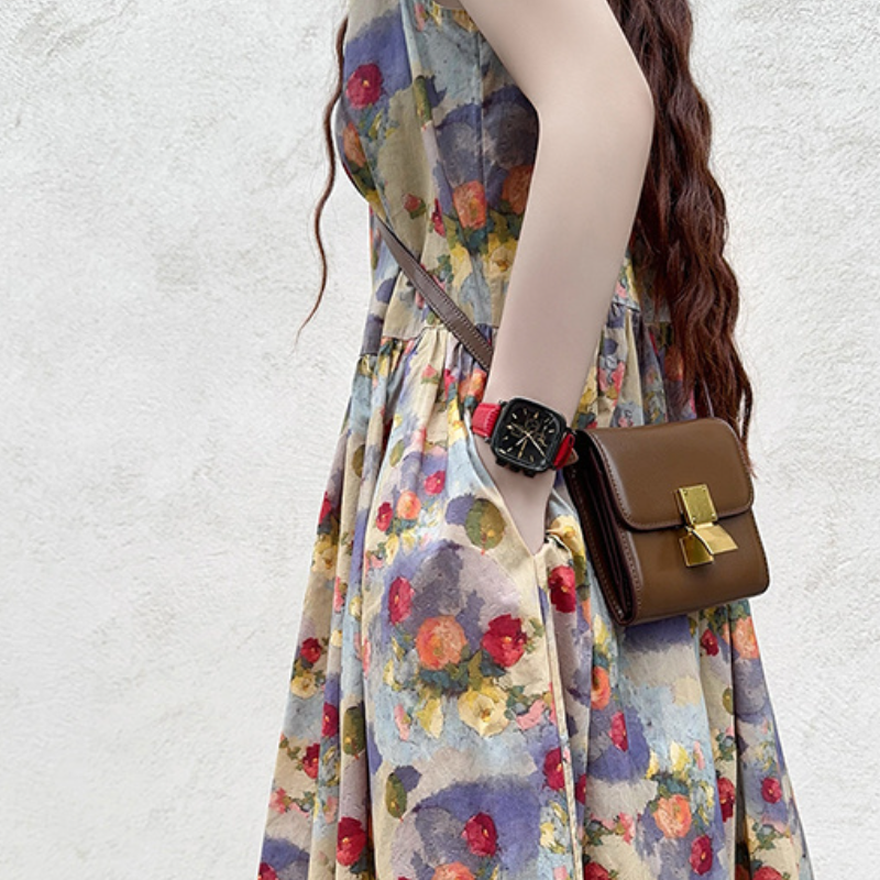 油畫風復古休閒印花韓版A字無袖長洋裝