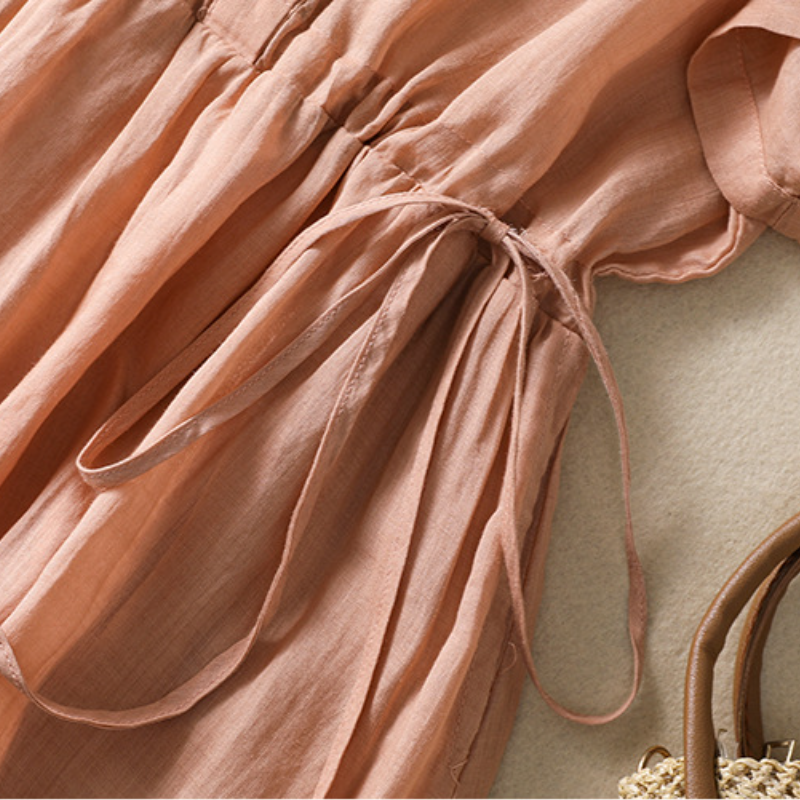 必備百搭款 氣質 棉麻 收腰抽繩 襯衫長裙 休閒洋裝