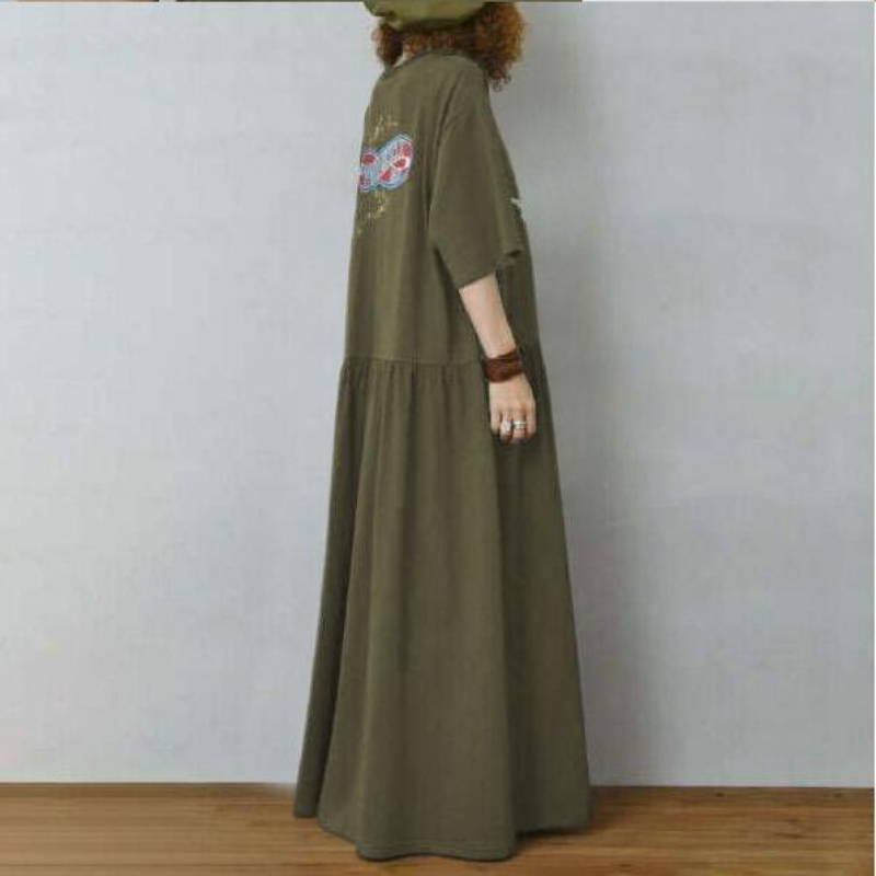 簡約．長版日式前後印花連身裙 短袖長裙