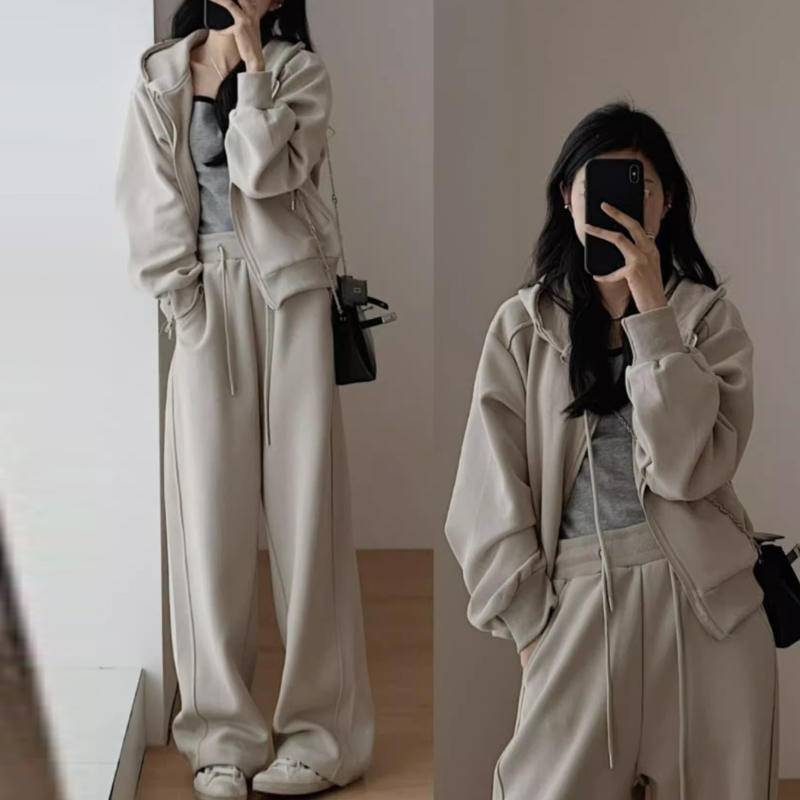 韓系·運動休閒套裝-連帽外套 鬆緊腰寬褲兩件組 簡約高級感穿搭