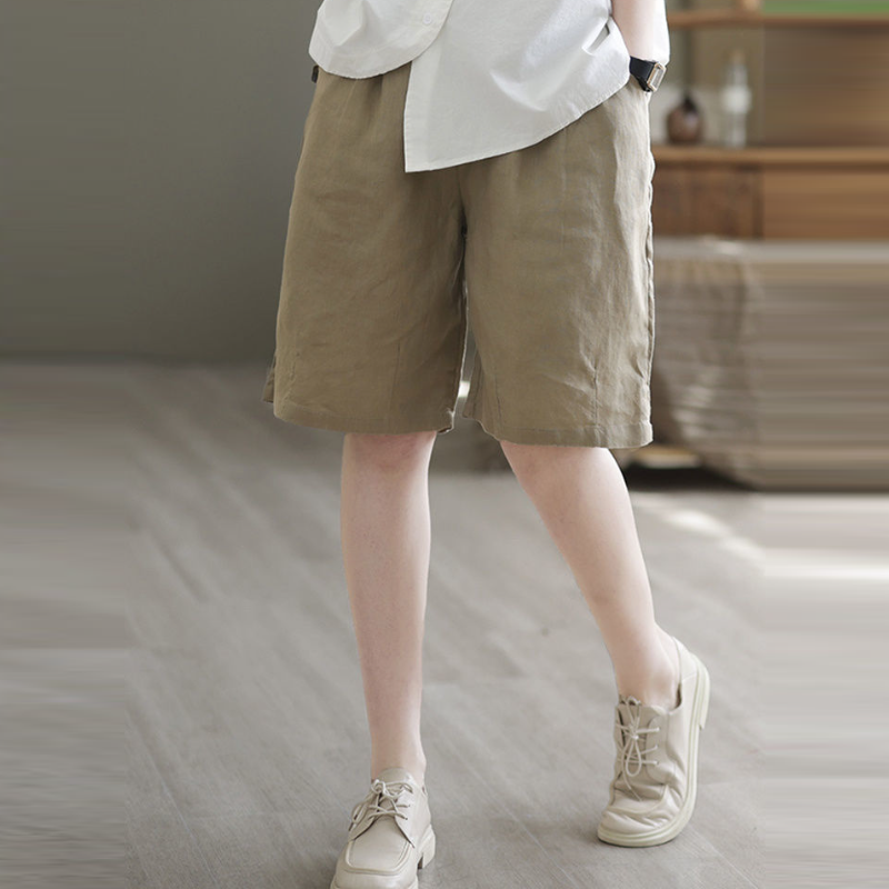 復古文藝中大尺寸棉麻高腰休閒寬鬆五分短褲