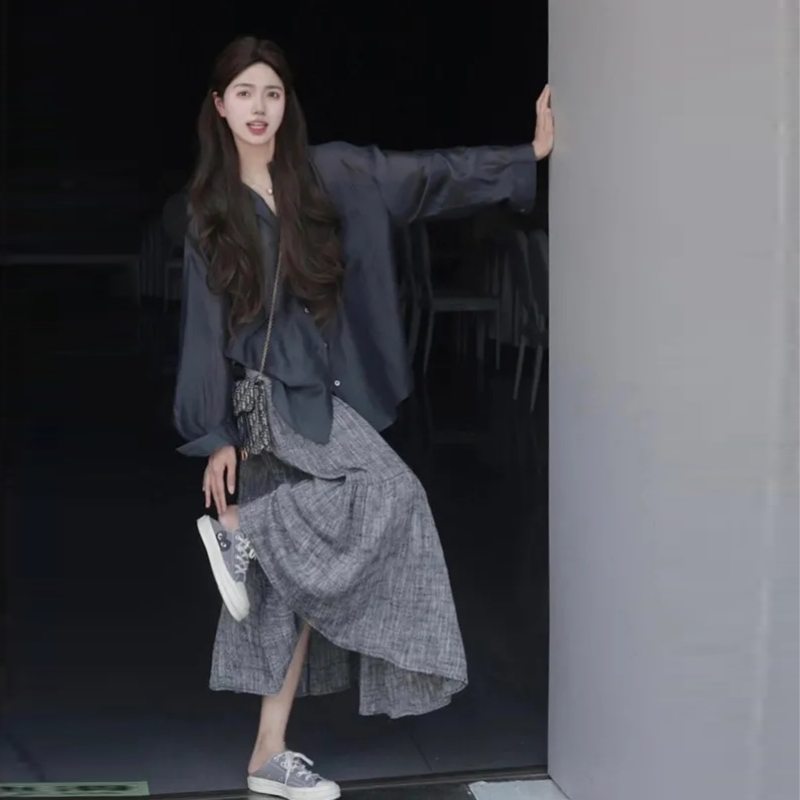 【單品可選】溫柔系時尚兩件套-設計感襯衫+高腰半身裙 韓版輕鬆穿搭