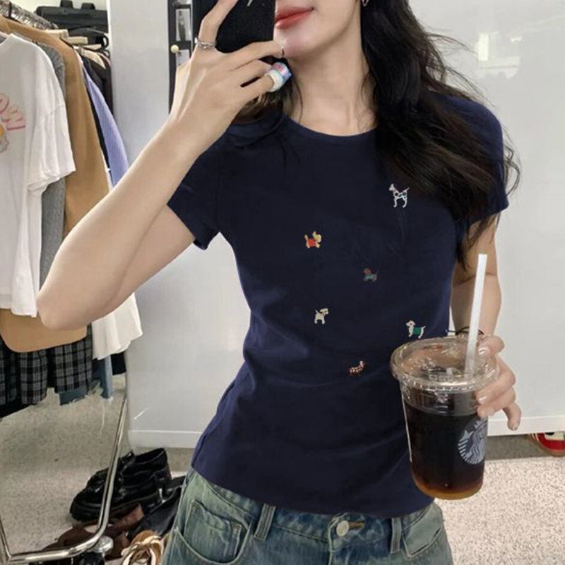 純棉短袖T恤 美式復古 標準肩線 合身顯瘦 小狗印花卡通圖案