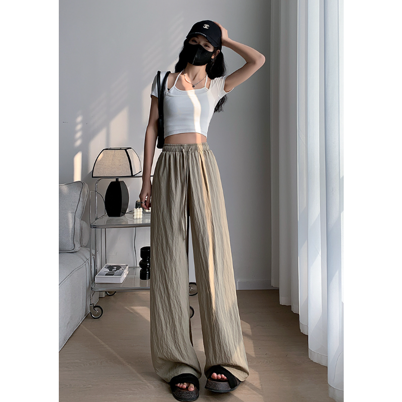 冰絲皺寬褲薄款高腰垂感日系慵懶直筒褲肌理感褶皺休閒褲女