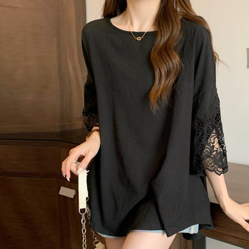 溫柔甜美 蕾絲拼接中長款T恤 氣質通勤別緻寬鬆休閒百搭上衣
