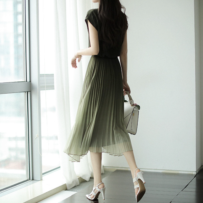 仙氣百褶連身裙洋裝 漸變色立領收腰設計感 百褶雪紡連身裙