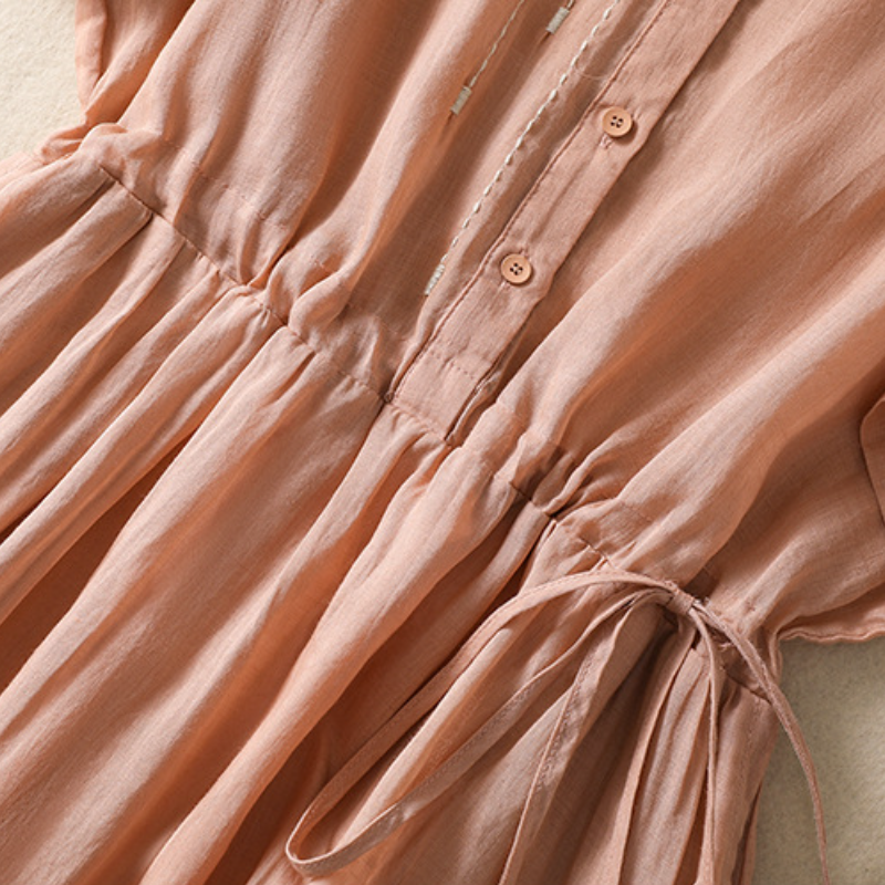 必備百搭款 氣質 棉麻 收腰抽繩 襯衫長裙 休閒洋裝