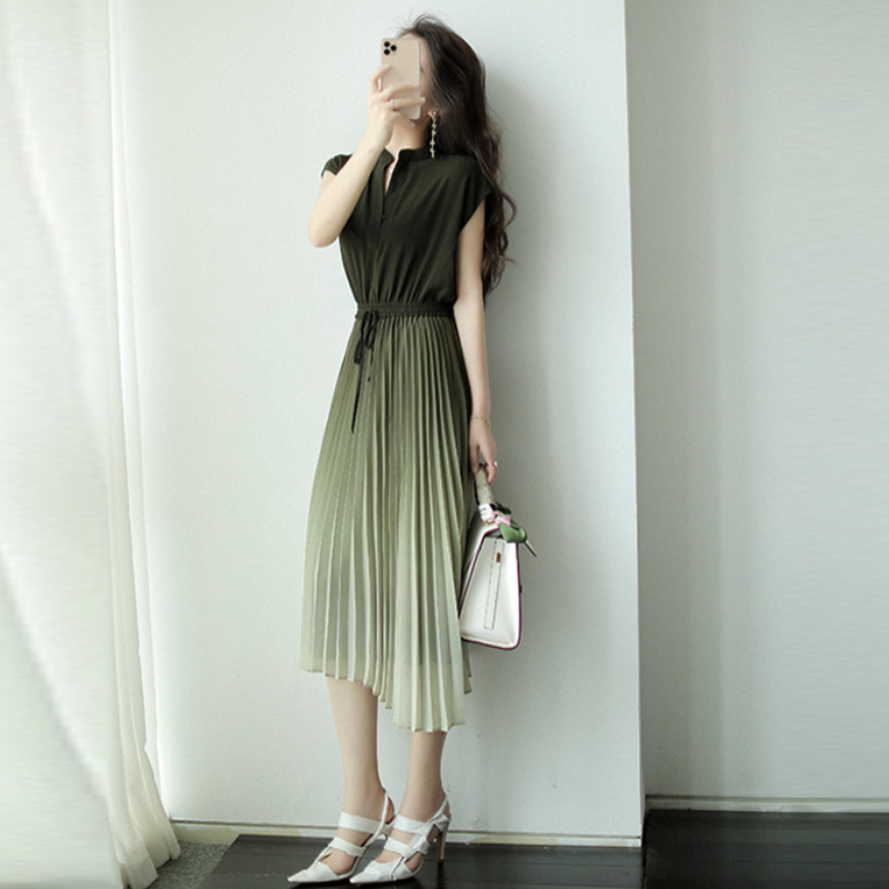 仙氣百褶連身裙洋裝 漸變色立領收腰設計感 百褶雪紡連身裙