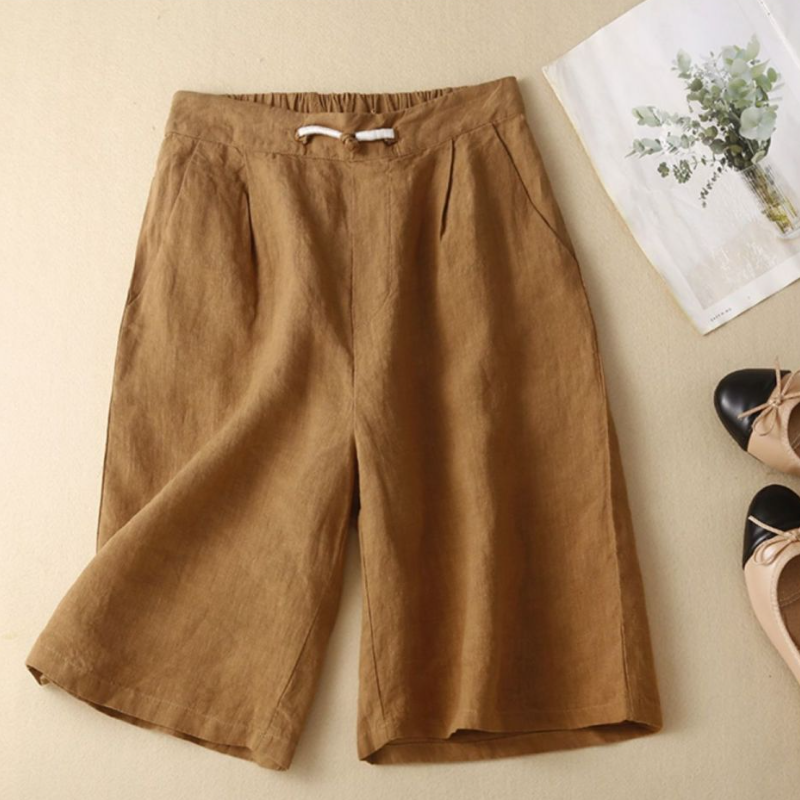 女棉麻五分中褲直筒休閒高腰亞麻寬腿短褲