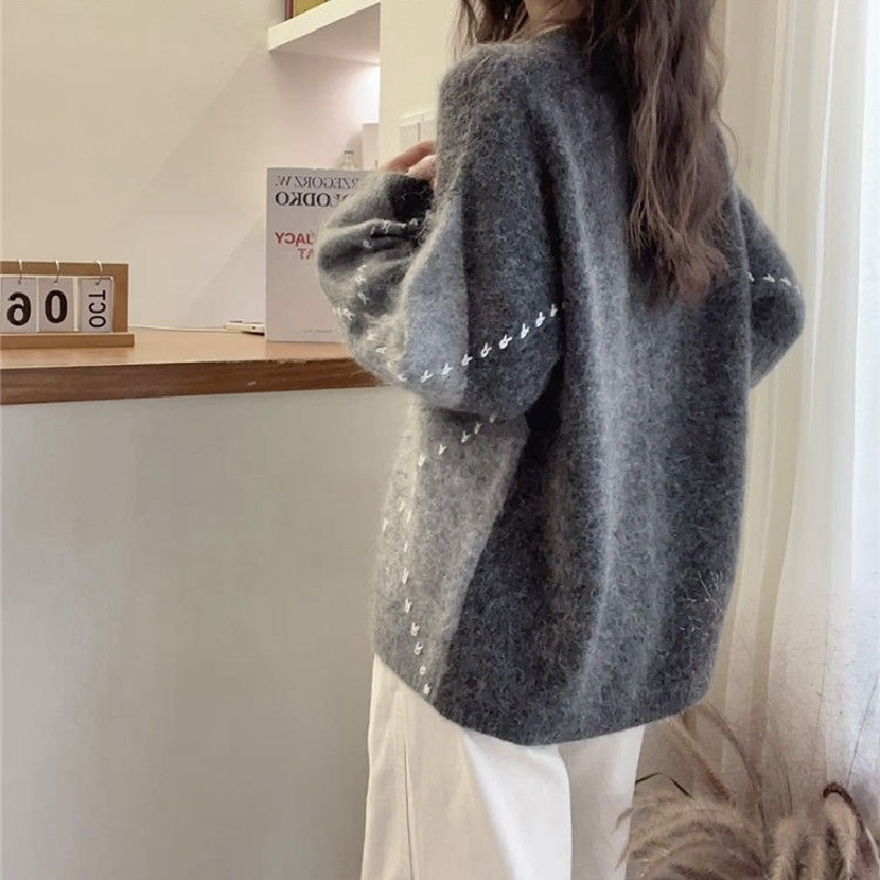 慵懶復古菱格針織毛衣 秋冬紅色系寬鬆休閒針織衫上衣