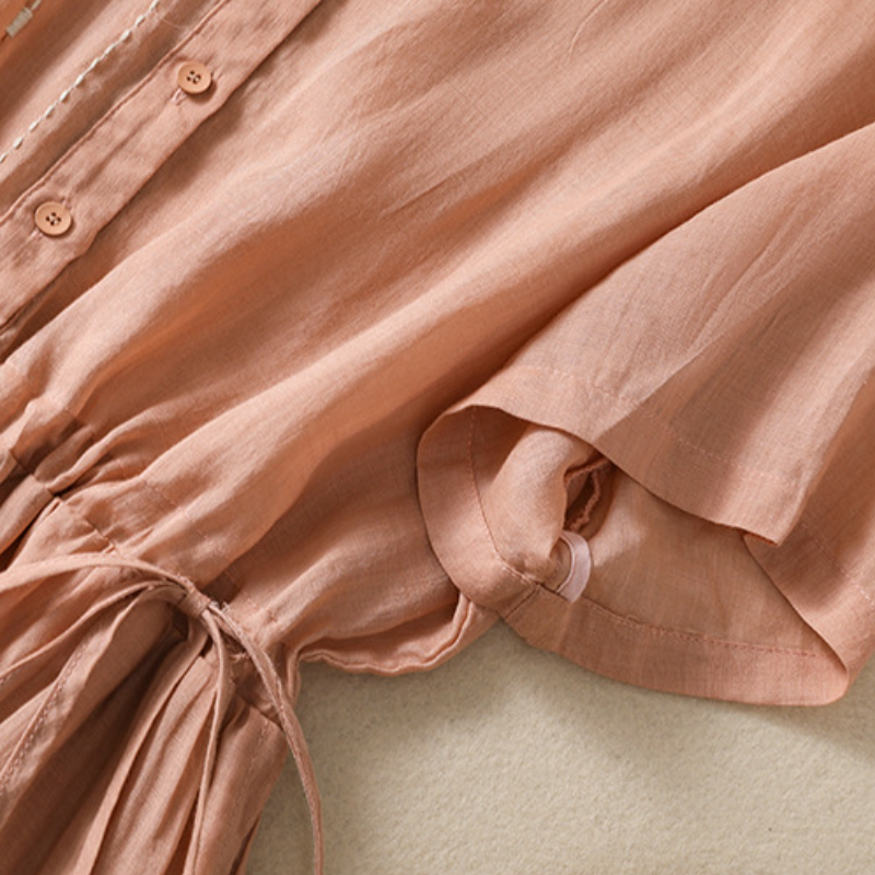 必備百搭款 氣質 棉麻 收腰抽繩 襯衫長裙 休閒洋裝