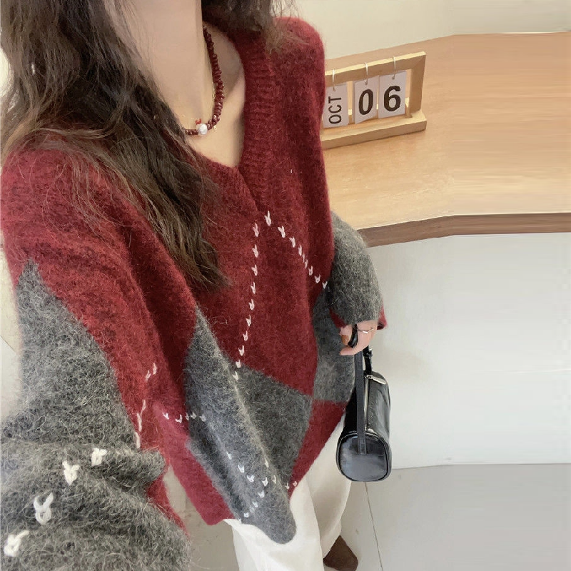 慵懶復古菱格針織毛衣 秋冬紅色系寬鬆休閒針織衫上衣