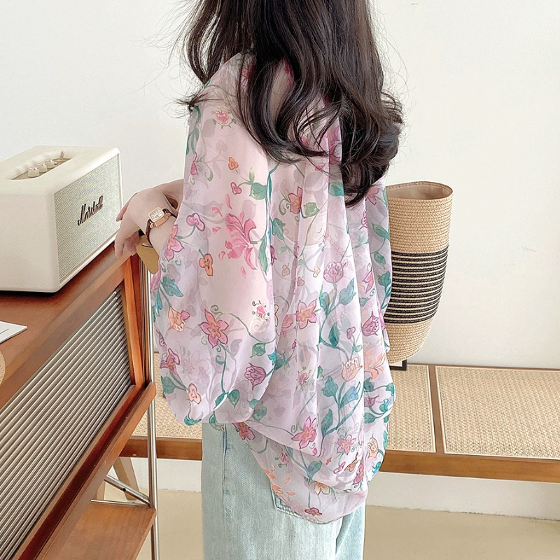 嘖嘖長袖罩衫 寬鬆碎花燈籠袖 薄紗防曬長袖