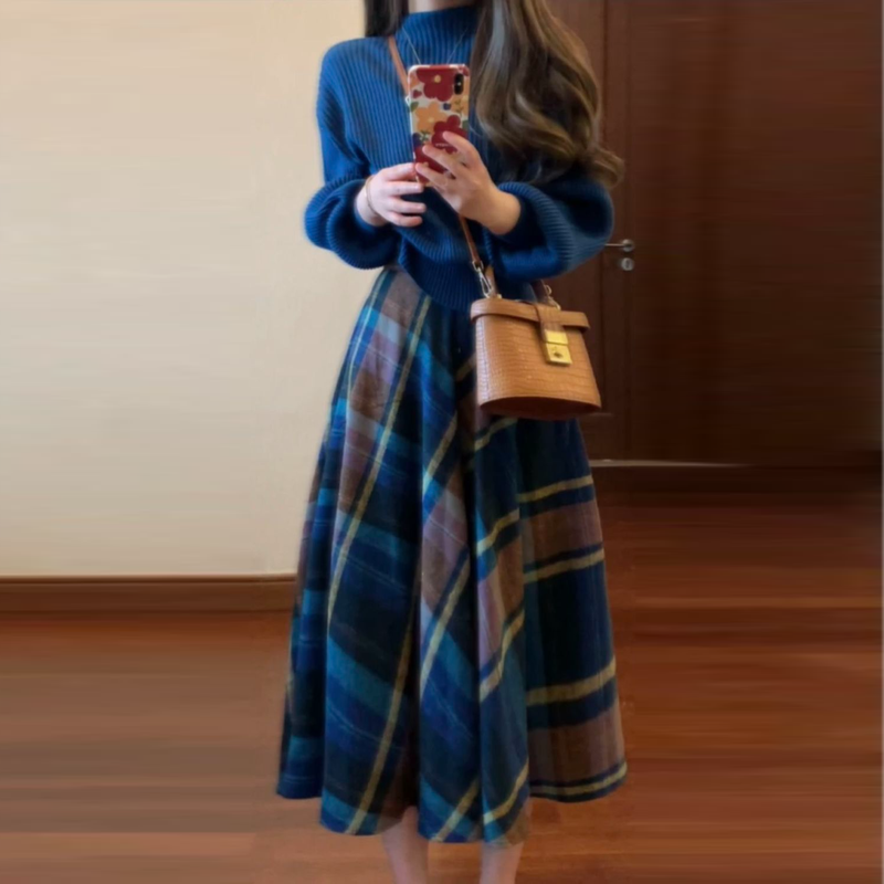 【單品可選】經典復古套裝 秋冬氣質小香風優雅半高領針織上衣+格紋半身裙兩件套