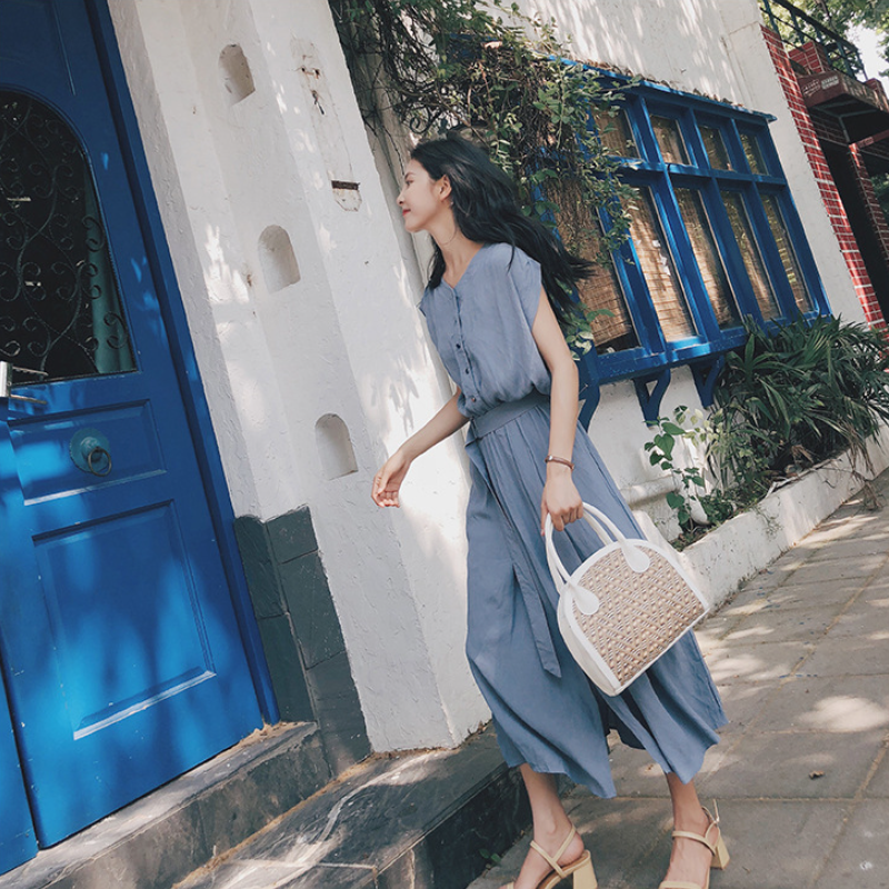 韓系優雅 OL穿搭 素面 短袖 高腰 Ａ字裙 壓褶 休閒長洋裝