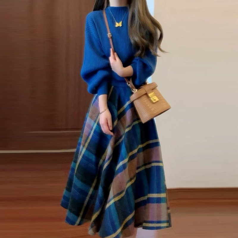 【單品可選】經典復古套裝 秋冬氣質小香風優雅半高領針織上衣+格紋半身裙兩件套