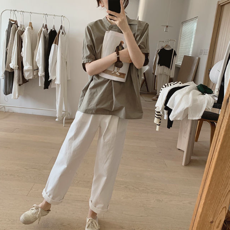 韓系chic 立領 壓褶 不規則 素面 簡約 襯衫