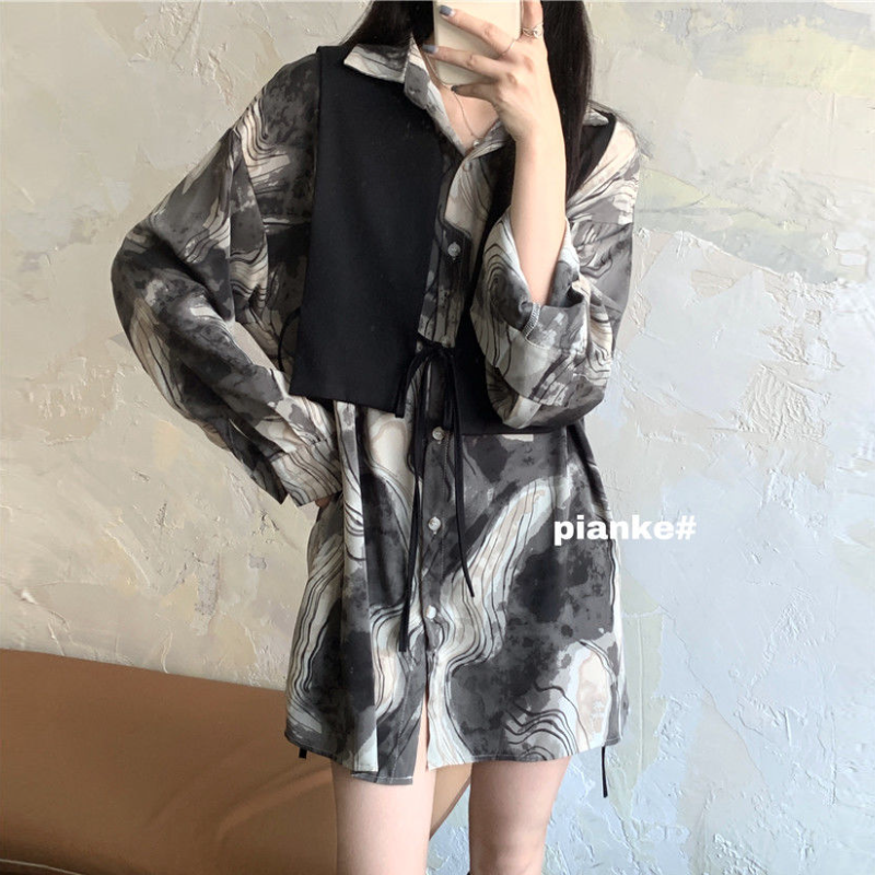 【單品可選】復古扎染長款襯衫+馬甲兩件套—個性設計感中長款，輕鬆百搭