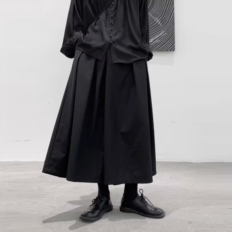 暗黑風寬鬆高腰裙褲-日系風九分寬版休閒褲