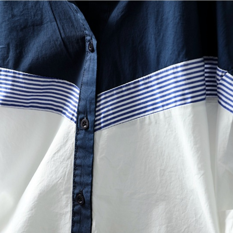 溫柔好感 撞色 拼接 立領 條紋 設計感 寬鬆 休閒 氣質 純棉 短袖 襯衫