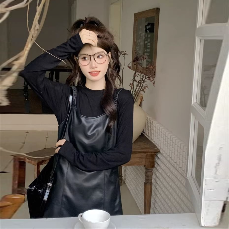 【整套】韓版秋季氣質皮質細肩短洋+高級感顯瘦薄上衣套裝*2色