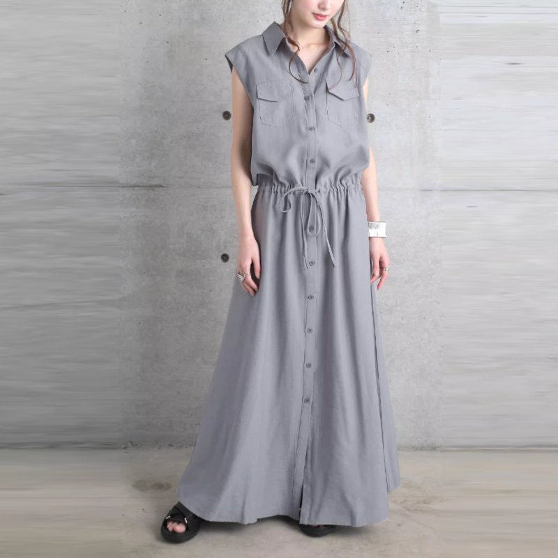 日系翻領無袖連身裙-口袋設計 輕鬆顯瘦中長款