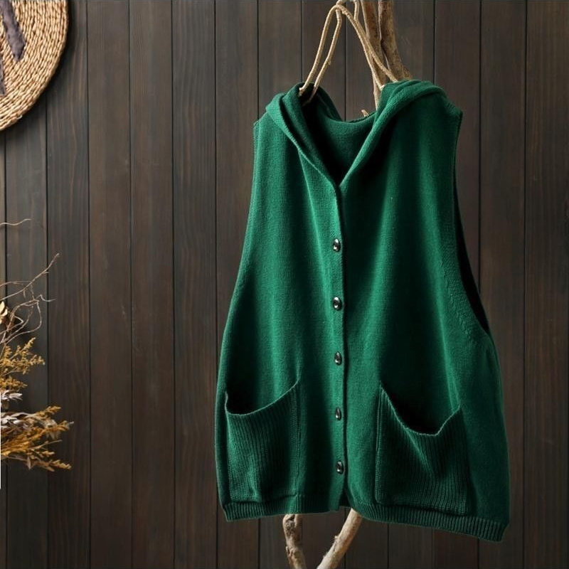 文藝連帽針織背心-秋冬寬鬆休閒雙口袋無袖外穿設計