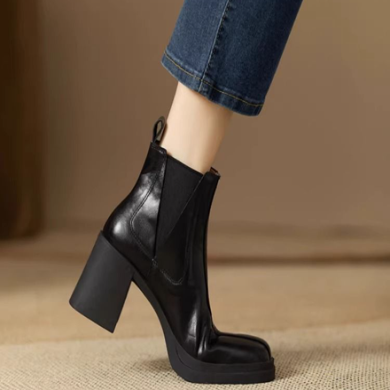 溫柔好感 素面 爆款 V口 粗高跟 切爾西 厚底 馬丁靴 短靴