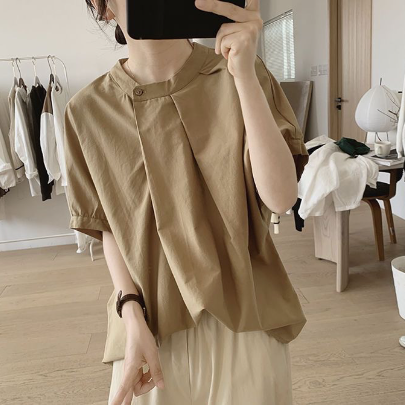 韓系chic 立領 壓褶 不規則 素面 簡約 襯衫