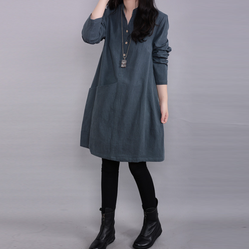 秋季韓版休閒立領寬鬆顯瘦長袖連身裙 大尺碼洋裝