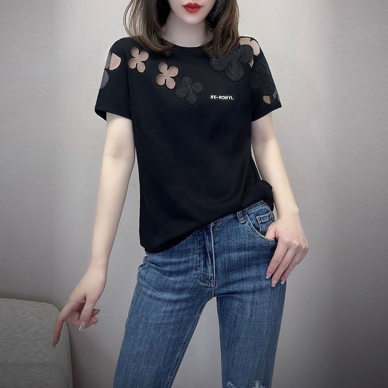 設計感鏤空繡花小眾 寬鬆短袖t恤