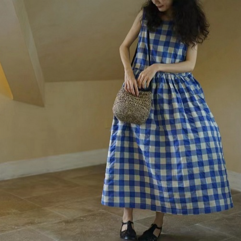 簡約．藍色格子無袖連身裙