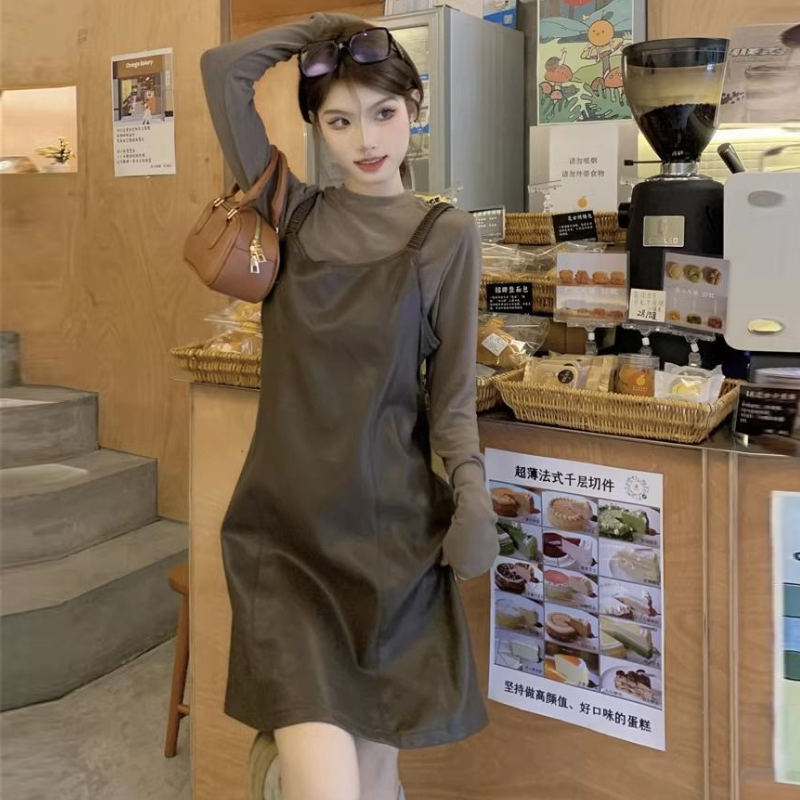 【整套】韓版秋季氣質皮質細肩短洋+高級感顯瘦薄上衣套裝*2色