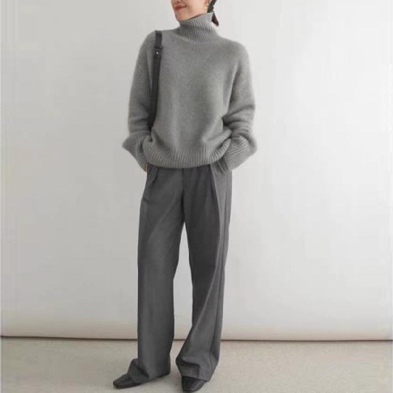 秋冬加厚素色羊毛針織上衣 高領寬鬆慵懶羊毛毛衣