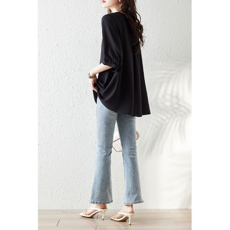 韓版圓領雪紡中長款七分袖 上衣寬鬆休閒減齡T